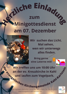 Schäfchen umgeben von Lichterkette mit Einladungstext für Mini-Gottesdienst