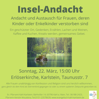 Plakat mit dem Foto einer kleinen Insel in einem See mit Wald außenherumg