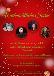 Rotes Plakat mit den Fotos der vier Künstler und Eilnadungstext