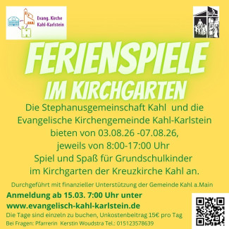 Auf gelbem Hintergrund stehen alle Informationen zu den Ferienspielen 2026