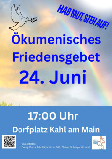 Regenbogen, davor steht Einladungstext zum ökumenischen Friedensgebet am 24. Juni