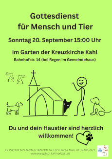 Strichzeichnung von einer Kirche, einem Männchen und verschiedenen Tieren