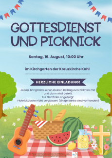 Picknickdecke auf einer Wiese mit Korb, Melone und Saftkrug, umrahmt von einer Gitarre und einem Kreuz