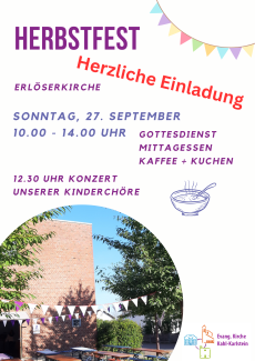 Bild der Erlöserkirche mit Festzeltgarnituren auf dem Vorplatz und Wimpelketten in den Bäumen