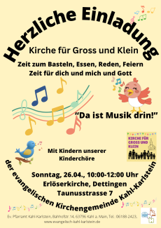 Plakat mit Noten und Einladungstext für Kirche für Gross und Klein