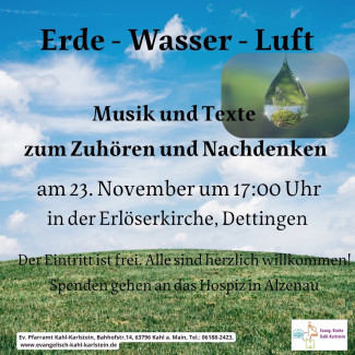 Wiese mit blauem Himmel und Foto eines Wassertropfens, darüber die Texte zur Einladung