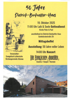 Plakat zum Jubiläum mit Foto von Dietrich-Bonhoeffer-Haus