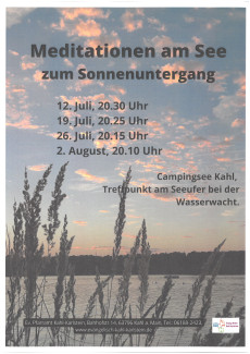 Bild eines Sonnenuntergangs am See mit bewölktem Himmel und Schilf am Ufer