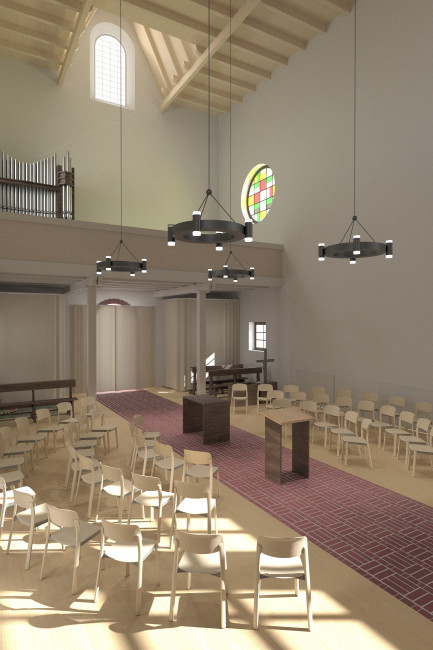 Computerzeichnung vom Innenraum mit Bestuhlung und Altar in der Mitte