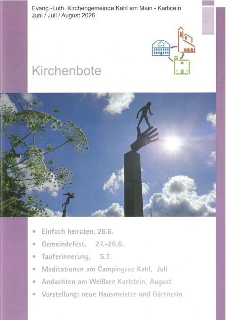 Titelbild des aktuellen Kirchenboten, große Statue vor blauem Himmel