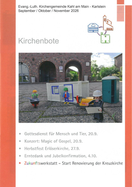 Titelblatt Kirchenboten September bis November 2026 mit Baustellenfoto mit Männchen vor der Kreuzkirche